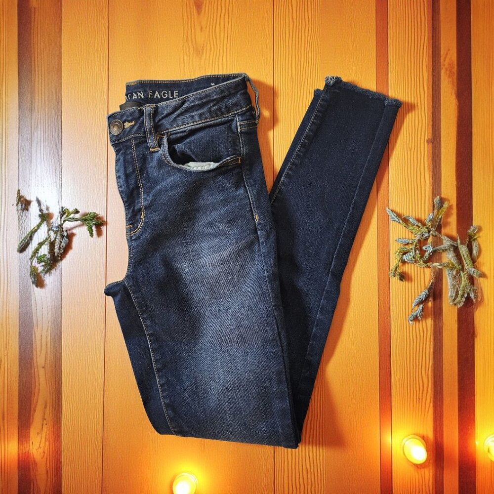 American Eagle Skinny Jeans 6 Long – Dark Wash Raw Hem Super Stretch Mid Rise